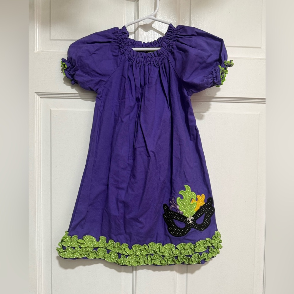 3T Girls Mardi Gras Dress Louisiana Mask Short Sleeve Appliqué Purple Green